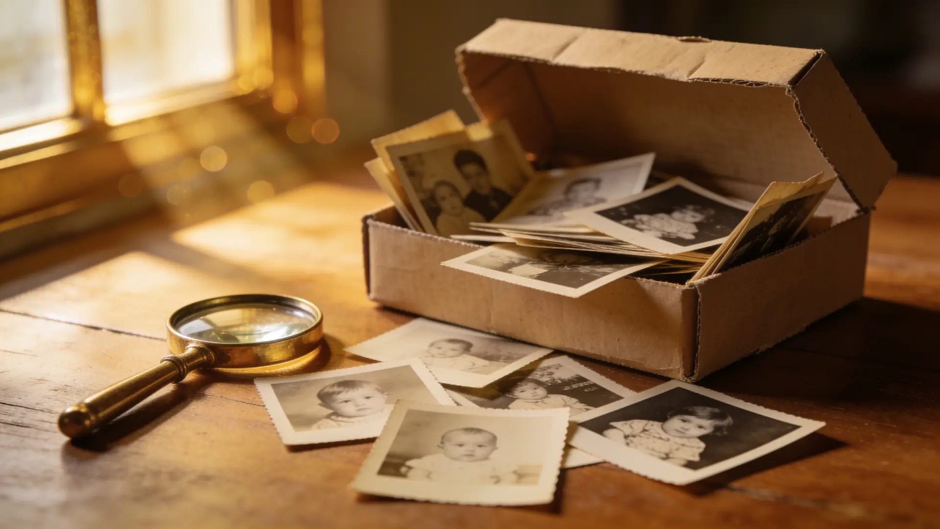 A shoebox of vintage family photographs spilling onto a wooden table in warm window light